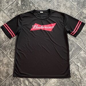 BUDWEISER NFL 100th Year Black Tee w Red Logo & Arm Stripes Sporty Lightweight